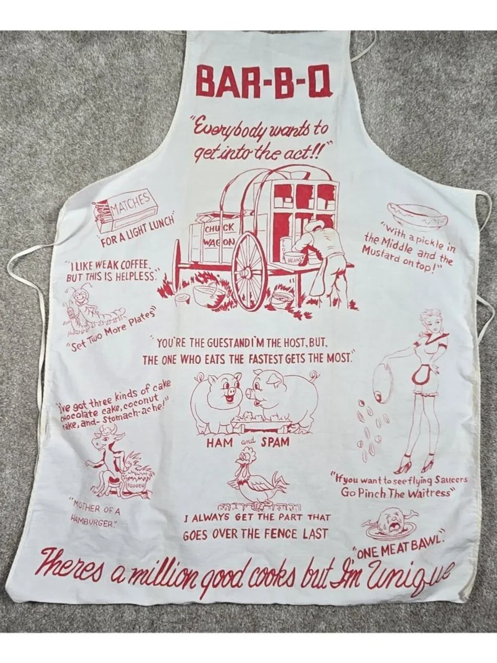 Vintage BAR-B-Q Apron Kitschy Graphics Novelty Puns Chuck Wagon Tailgate Cookout